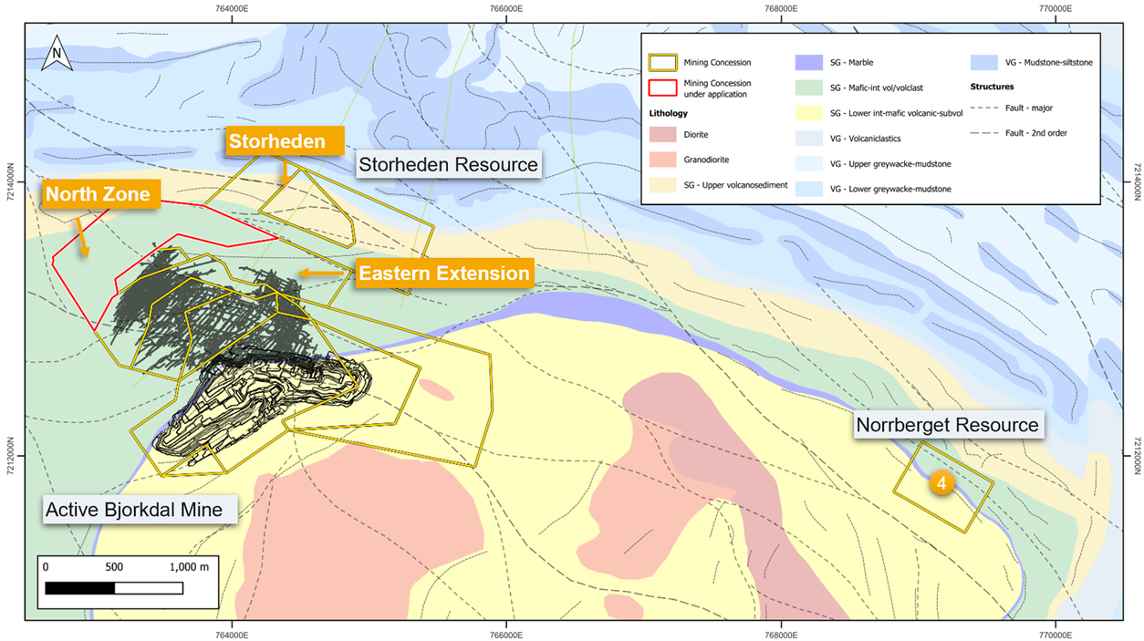 Geological map of Björkdal showing areas of exploration during Q3 FY26.
