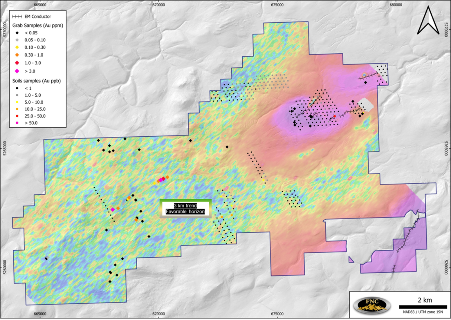 McIntyre Brook 2025 Soil Geochemical Superimposed on Airborne Magnetometer (1VD) Survey