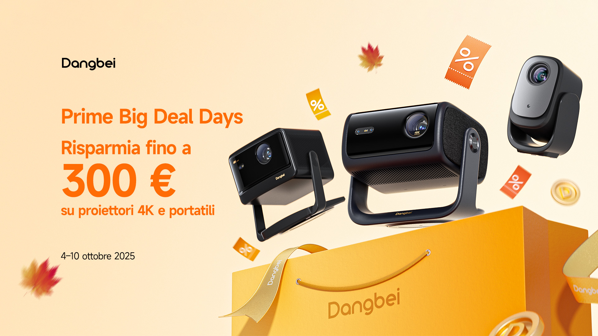 Promotional banner for Dangbei Prime Big Deal Days showing 4K and portable projectors with discounts up to €300, valid October 4-10, 2025.