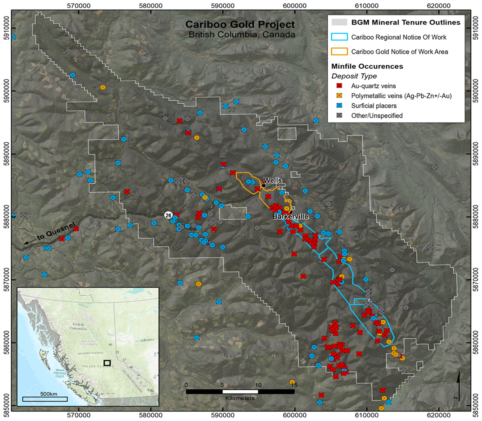 Figure 3: Cariboo Gold Property mineral occurrences and permitted areas for drill ready targets