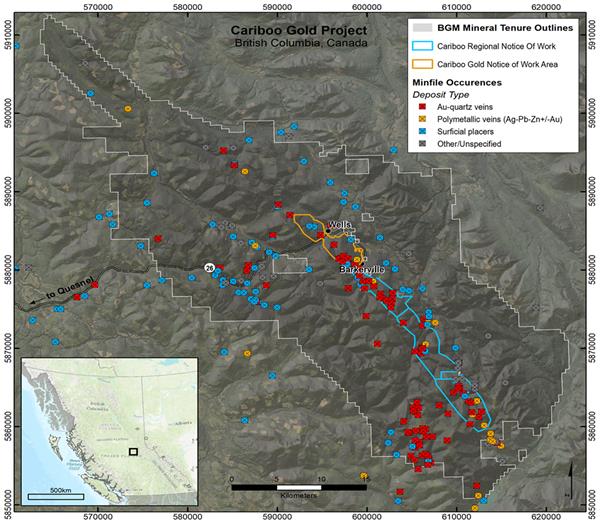 Figure 3: Cariboo Gold Property mineral occurrences and permitted areas for drill ready targets