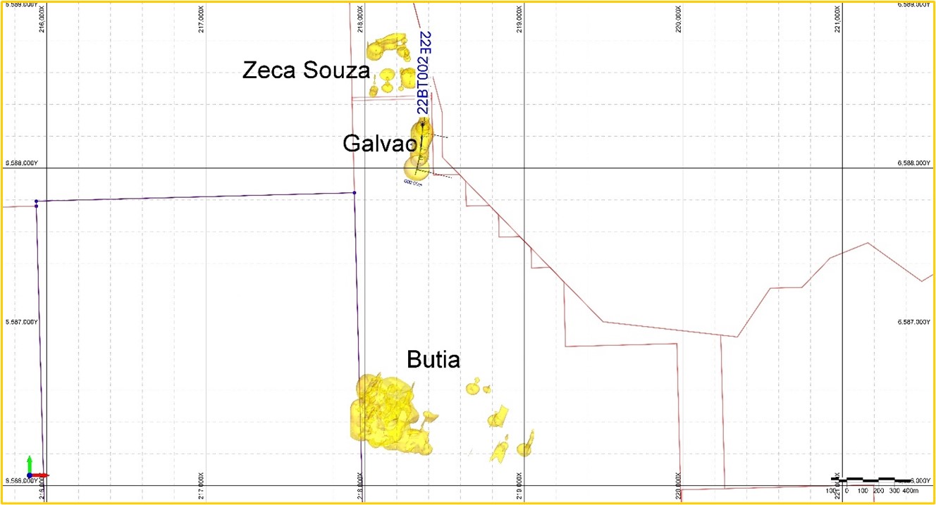 Location of Galvao relative to the Zeca Souza discovery and Butiá Gold Deposit.