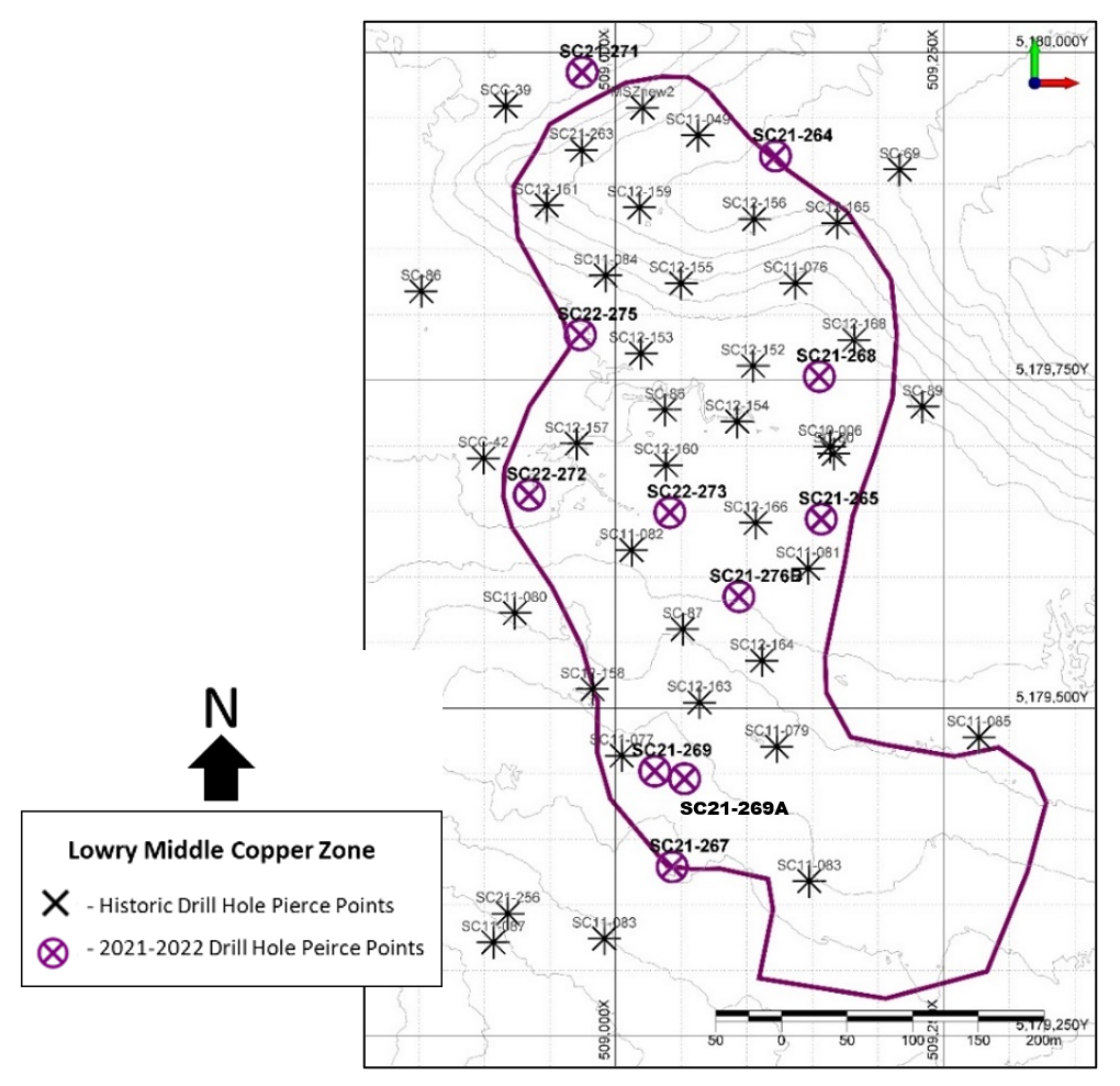 Pierce point map of Lowry Middle Copper Zone showing location of current and historic intercepts.