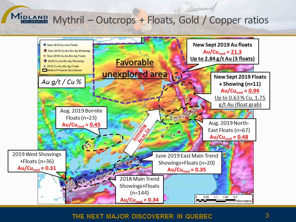 Figure 3 Mythril new showings  & Cu-Au ratios