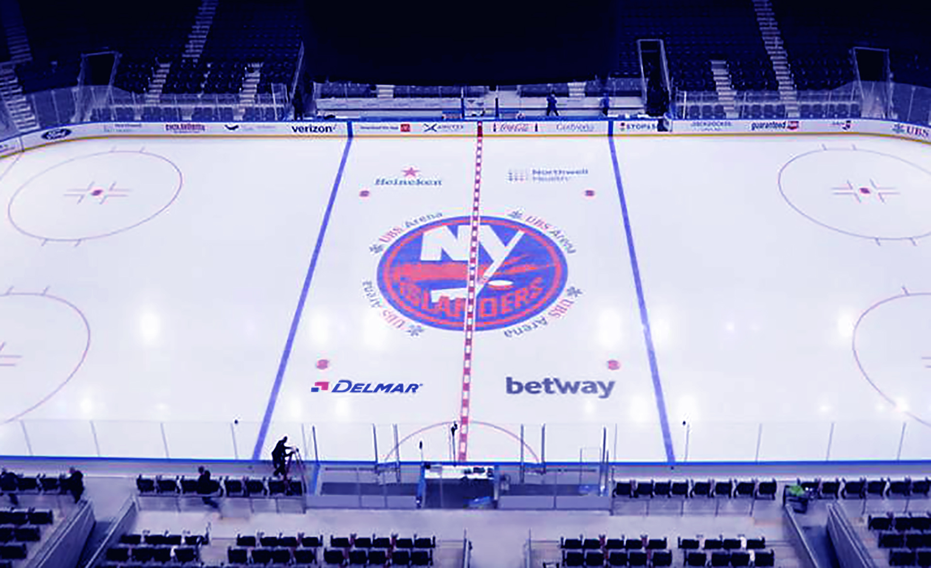 Delmar International Logo on UBS Arena Ice. 