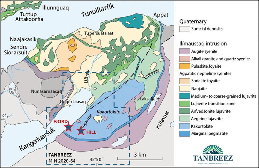 The Tanbreez Fjord and the Tanbreez Hill rare-earth mineral sites are hosted within a Kakortokite unit covering an area of approximately 5km x 2.5km, estimated at 4.7 billion tonnes of Kakortokite this does not indicate any certainty of hosting mineralisation
