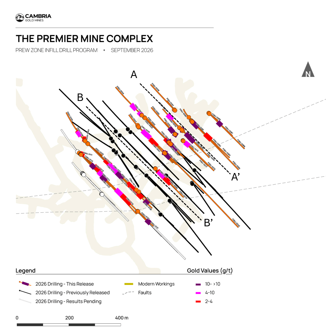 Figure 2: Plan map showing the Prew Zone underground workings and drilling results from the 2026 infill program