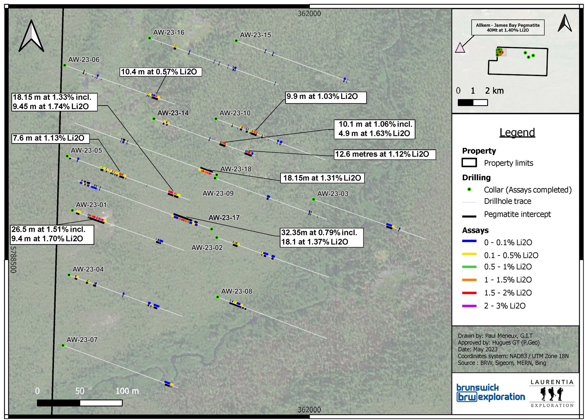 Vue en plan des sondages forés à Anatacau Ouest