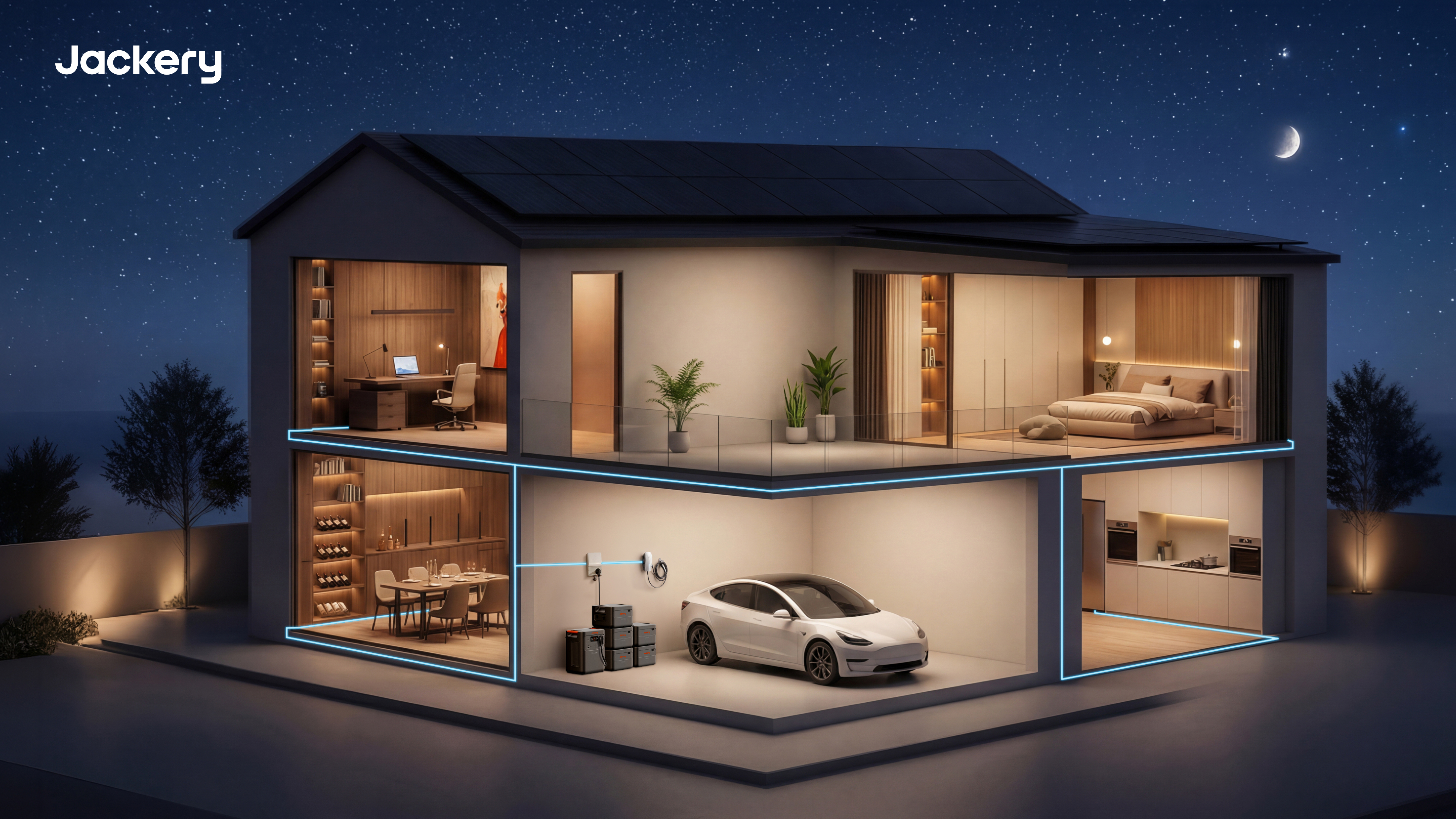 Nighttime cutaway illustration of a two-story home with rooftop solar panels, showing a Jackery HomePower 3600 Pro Max system with expansion 