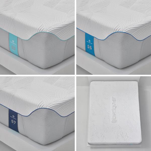 S Mattresses have BEDGEAR's patented Ver-Tex instant-cooling covers with a large BEDGEAR logo knitted down the center along with an S-shaped fluid pattern. 

Along with the vertically drilled holes, BEGEAR's patented Air-X panels on the sides and ventilated React material core ensure enhanced airflow and cross-ventilation. 