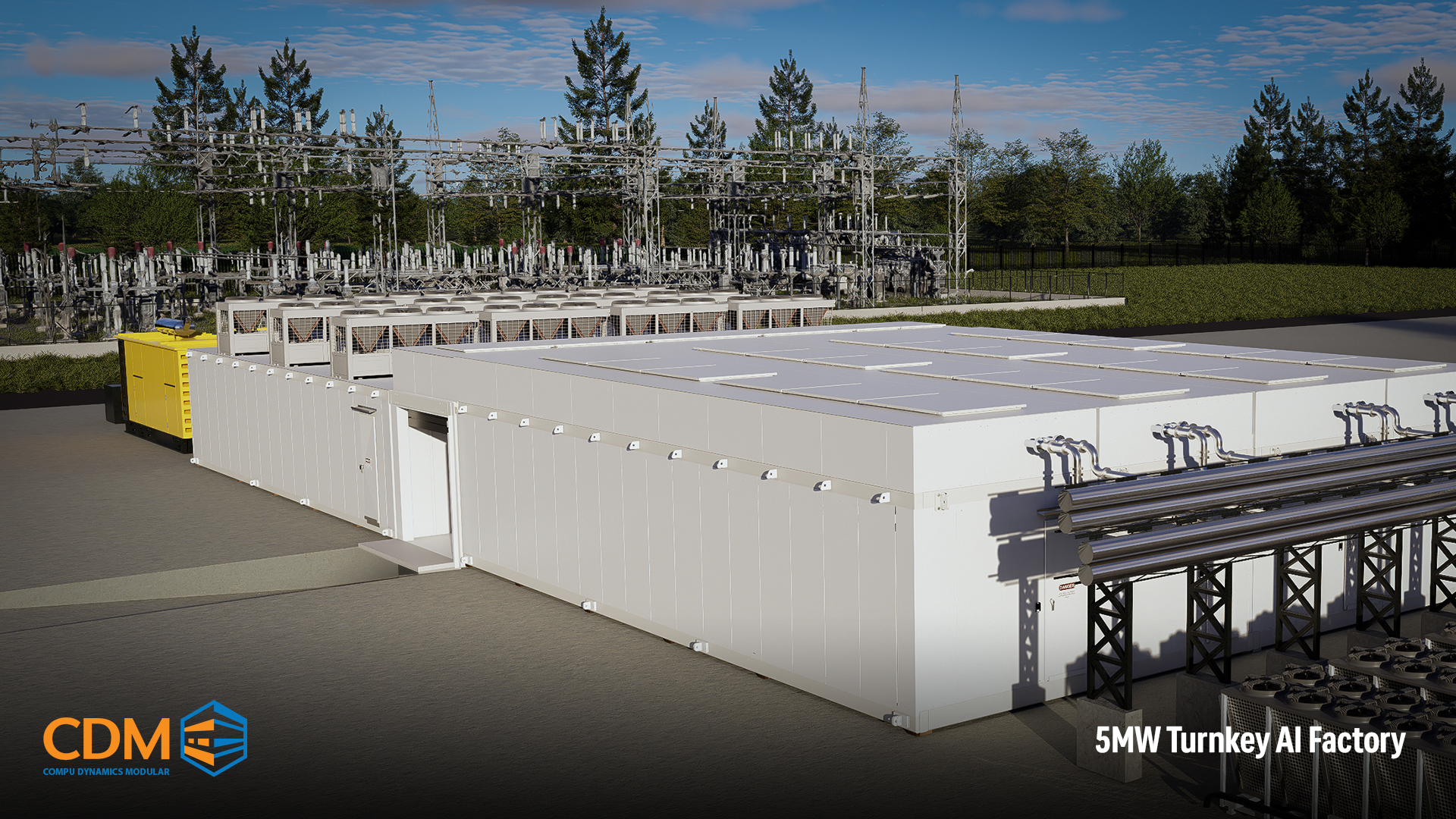 CDM's campus-scale building block, delivering 5 MW of nominal IT load scalable up to 6 MW, supporting configurations up to 64 high-density IT and network racks depending on workload and rack power requirements, and a resilient 4-to-make-3 electrical architecture with 8 MW of installed UPS capacity, designed for hyperscale campuses, foundation model training, and wholesale AI colocation environments.