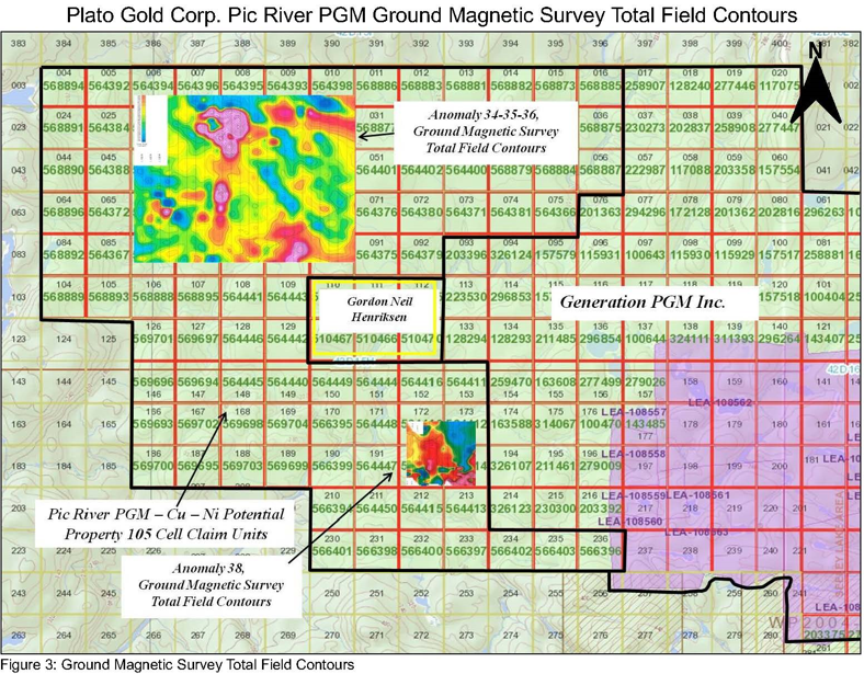 Plato Gold Corp. Pic River PGM Ground Magnetic Survey Total Field Contours