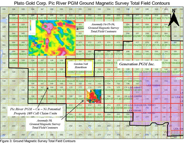 Plato Gold Corp. Pic River PGM Ground Magnetic Survey Total Field Contours