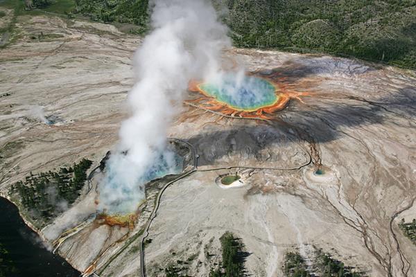 An aerial view of Excelsior Geyser and Grand Prismatic Spring in Yellowstone National Park. Photo: National Park Service