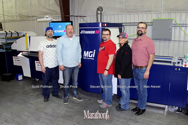 Marathon Press recently installed Konica Minolta’s MGI JETvarnish 3D Web Press. Pictured L-R: Scott Pollman, Bruce Price, Steven Schmit, Robin Jensen and Max Alewel