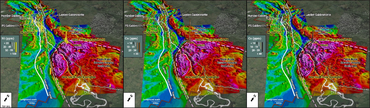 Taylor Brook Soil Sampling Ni, Cu and Co Results
