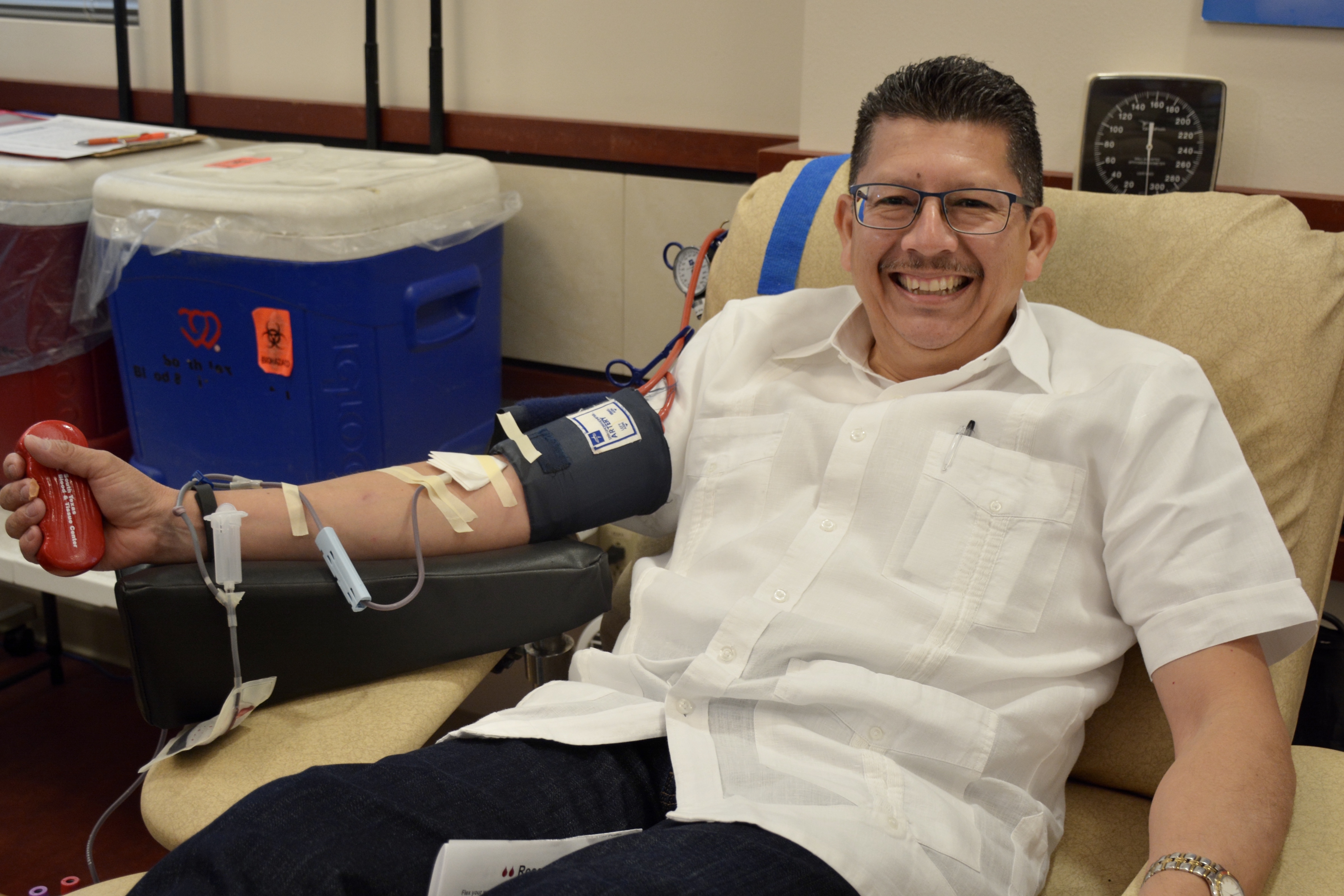 Richard Perez, President and CEO of the San Antonio Chamber of Commerce, donates blood at the South Texas Blood & Tissue Center Donor Pavilion following Saturday's news conference about the critical need for blood.