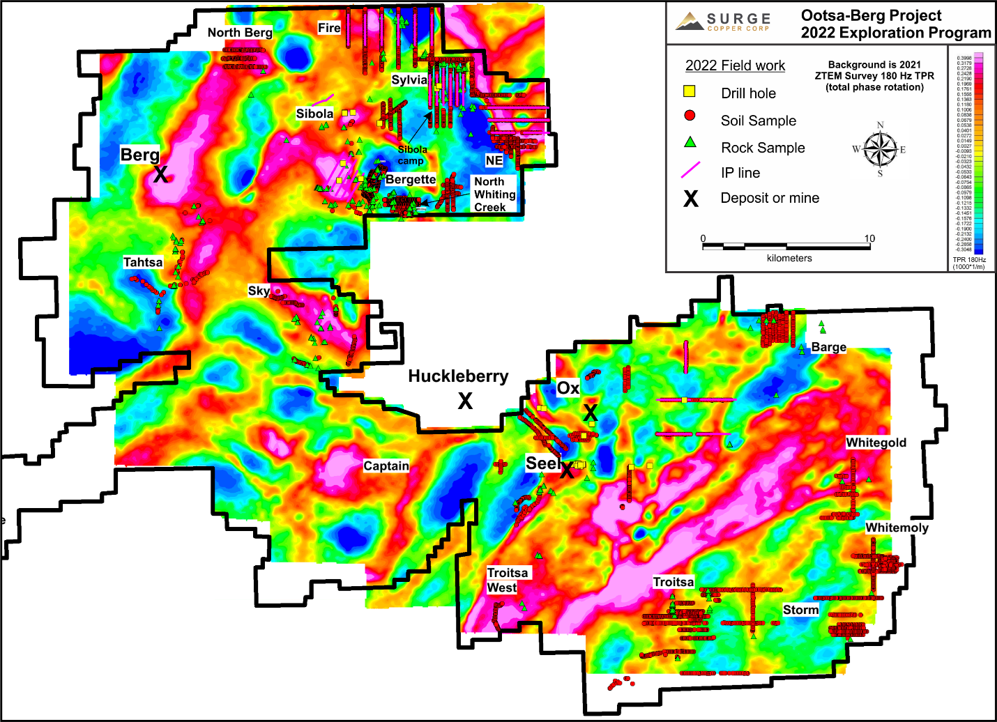 Summary map showing 2022 exploration work on the Ootsa-Berg project overlain on ZTEM 180 HZ Total Phase Rotation map.