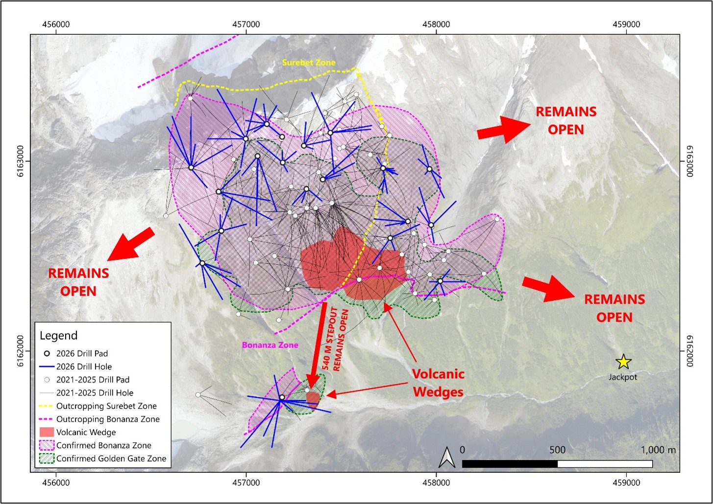 Plan view map showing the location and extent of the mineralized volcanic wedges recognized thus far.