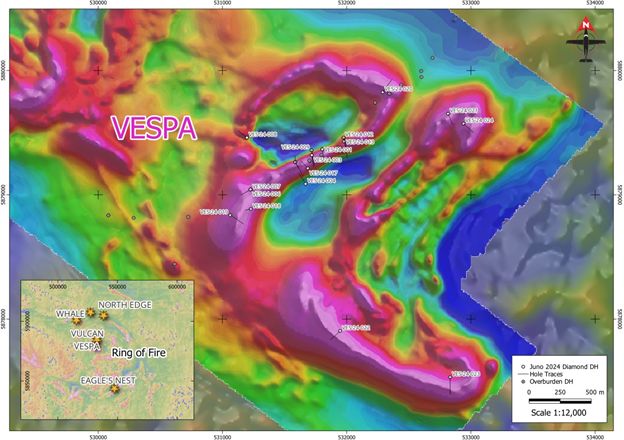 Hole locations at Vespa over drone magnetic survey