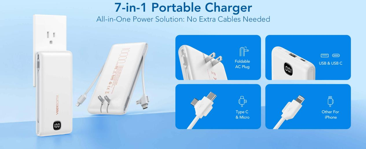 7-in-1 portable charger with built-in cables, foldable AC plug, USB, USB-C, and iPhone connector. No extra cables needed.