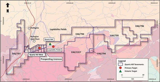 Figure 2: Quartz Hill Joint Venture tenement map identifying primary LCT pegmatite targets on 1:100,000 GSWA interpreted geology map.