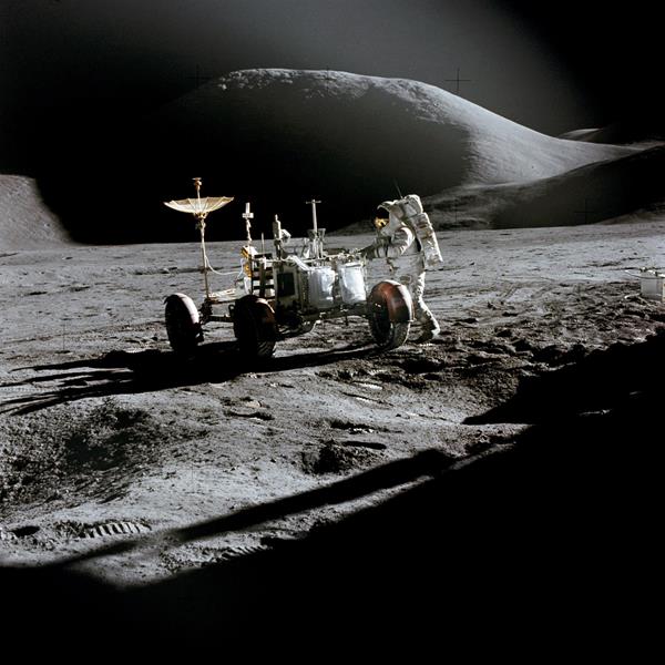 A Boeing Lunar Rover conducts its historic mission on the moon.