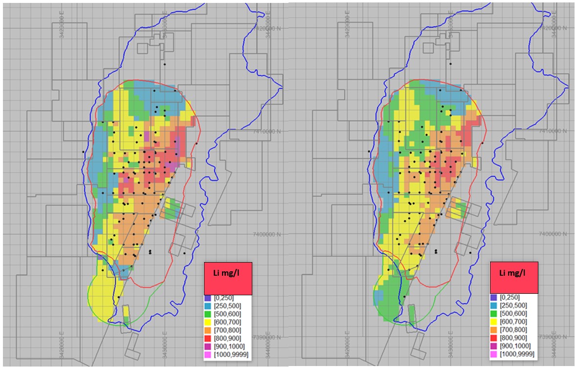 Lithium grades (mg/L) at 100 m (left) and 250 m below surface (right)