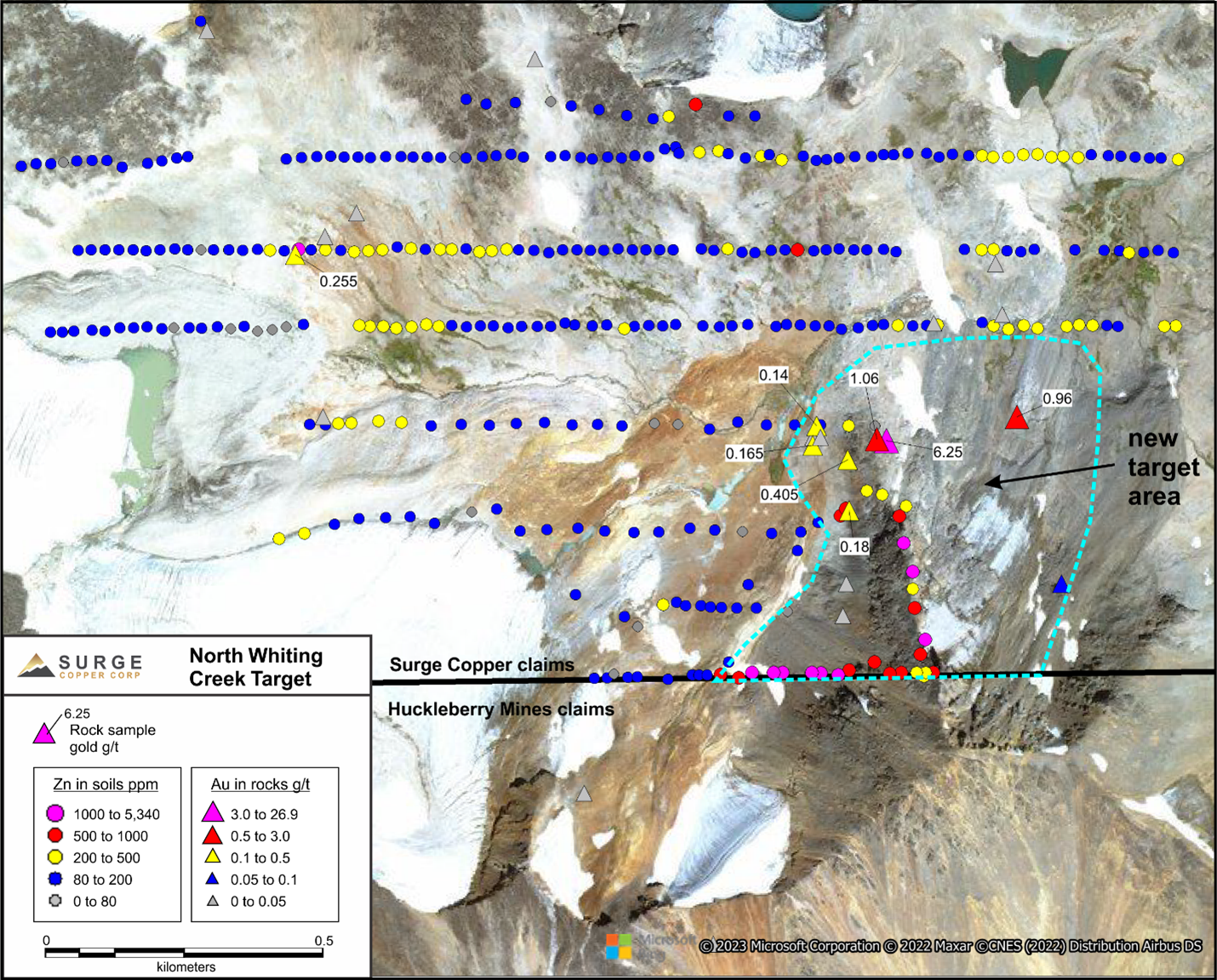 North Whiting Creek Target Map showing zinc-in-soils and gold-in-rocks.