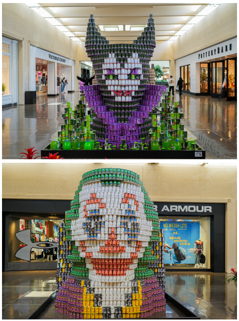 This year’s showcase features 26 large scale structures inspired by “A League of UnCANny Villains”, each crafted entirely from canned foods and other shelf stable items.
