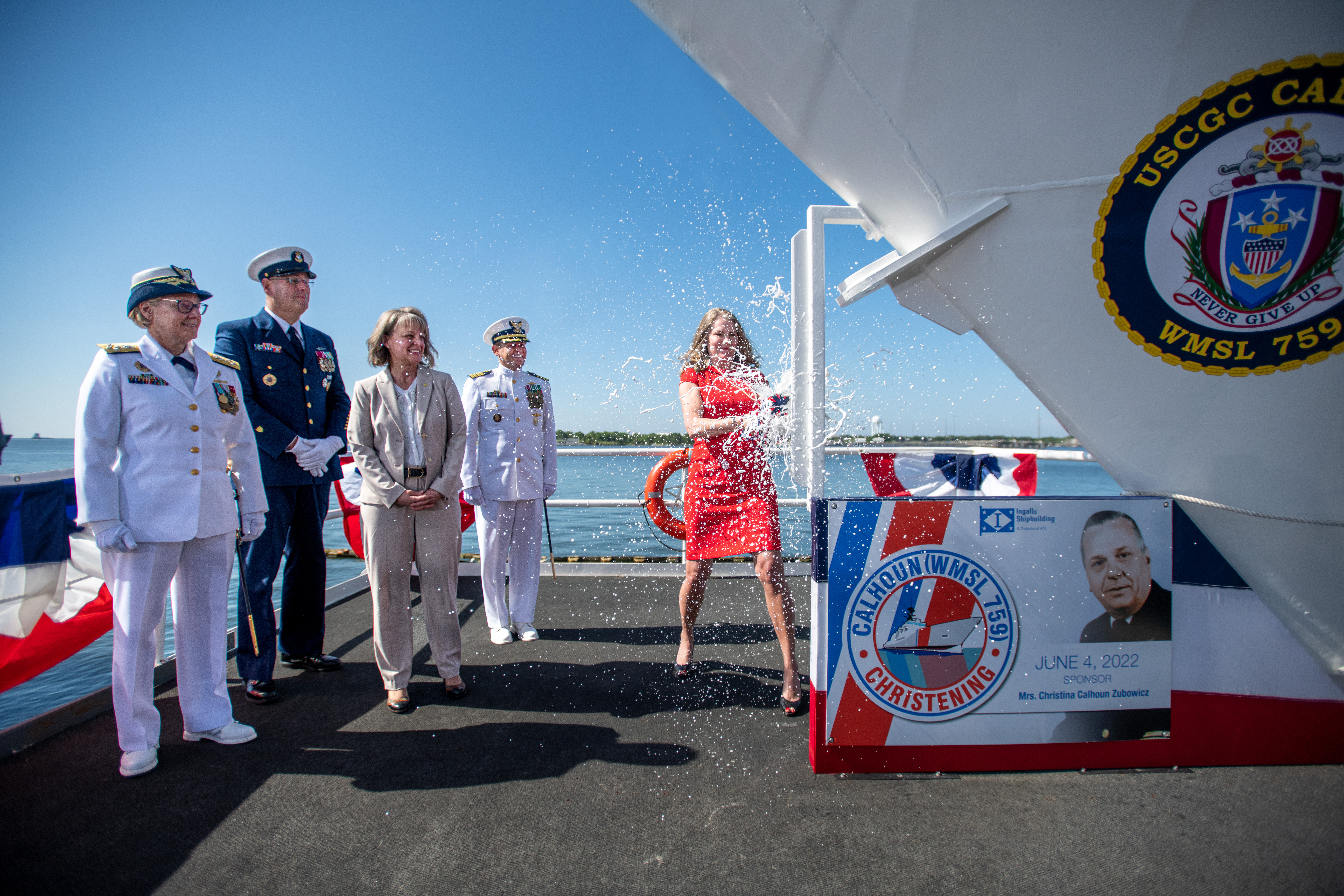 Ship's Sponsor Mrs. Christina Calhoun Zubowicz christened the U.S. Coast Guard’s 10th national security cutter Calhoun (WMSL 759) at HII’s Ingalls Shipbuilding division. NSC 10 Calhoun is named for Zubowicz’s grandfather, Charles L. Calhoun, the first Master Chief Petty Officer of the Coast Guard. Also pictured are Commandant of the Coast Guard, Adm. Linda Fagan, Master Chief Petty Officer of the Coast Guard Heath Jones, Ingalls Shipbuilding President, Kari Wilkinson, and Capt. Timothy Sommella, prospective commanding officer, Calhoun.
