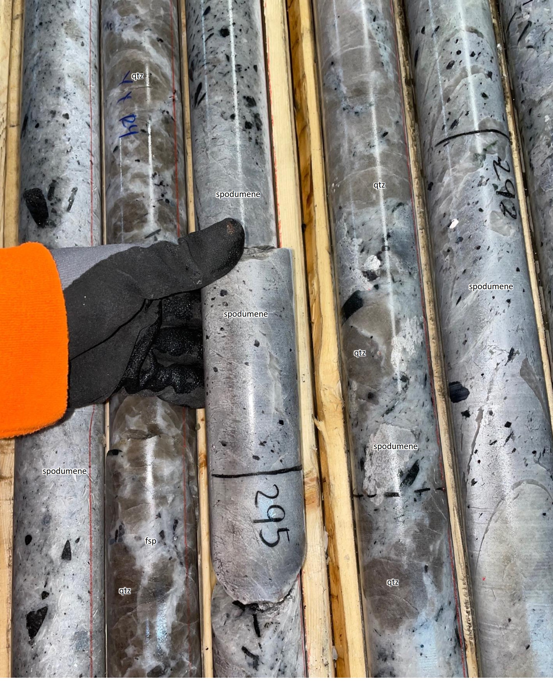 High-grade core from drill hole CV22-083 at ~292 to 295 m depth (core length)