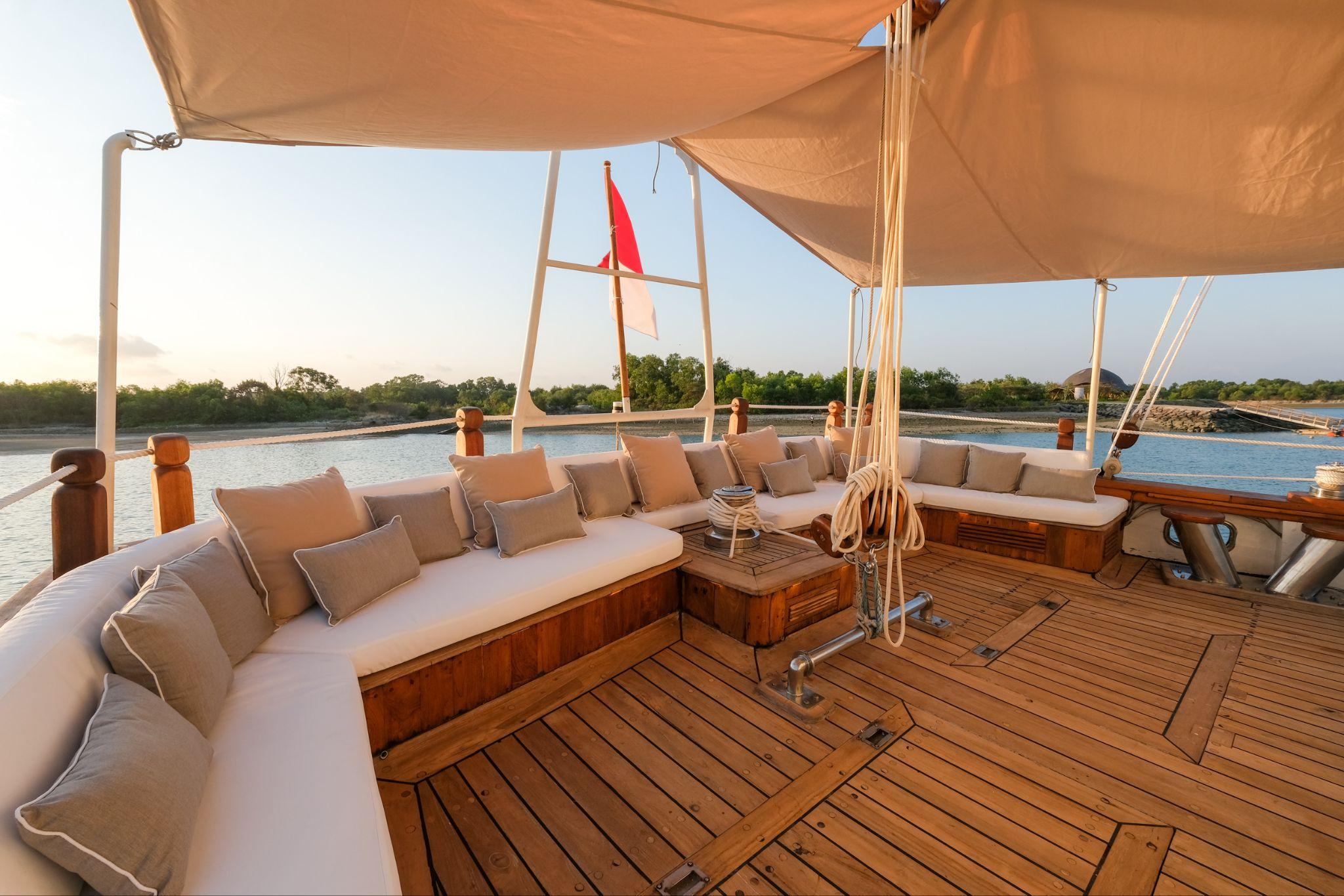 Premium lounge deck on a luxury charter yacht, now available through Navélia Yacht Charters.
