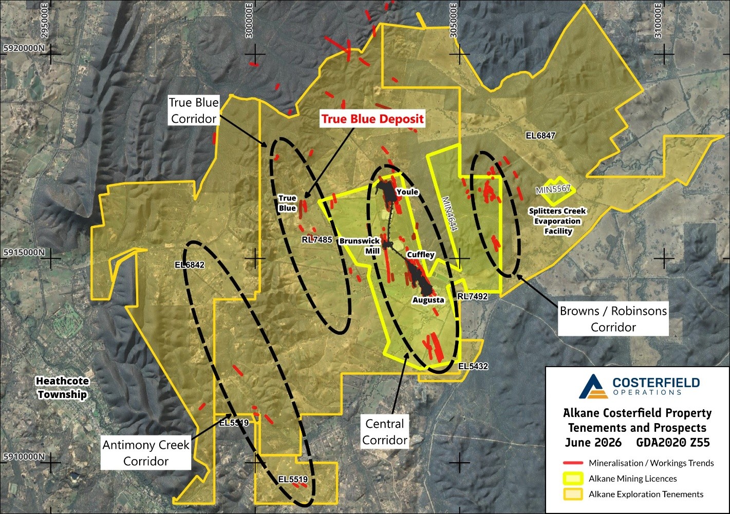 Regional map of the Costerfield Project in GDA2020 grid showing Alkane tenements and the main corridors of mineralisation identified, highlighting the location of the True Blue deposit. 