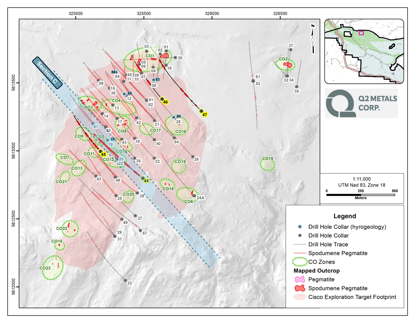 Figure 1. Map of Recent Drill Holes with Analytical Results at Cisco Property