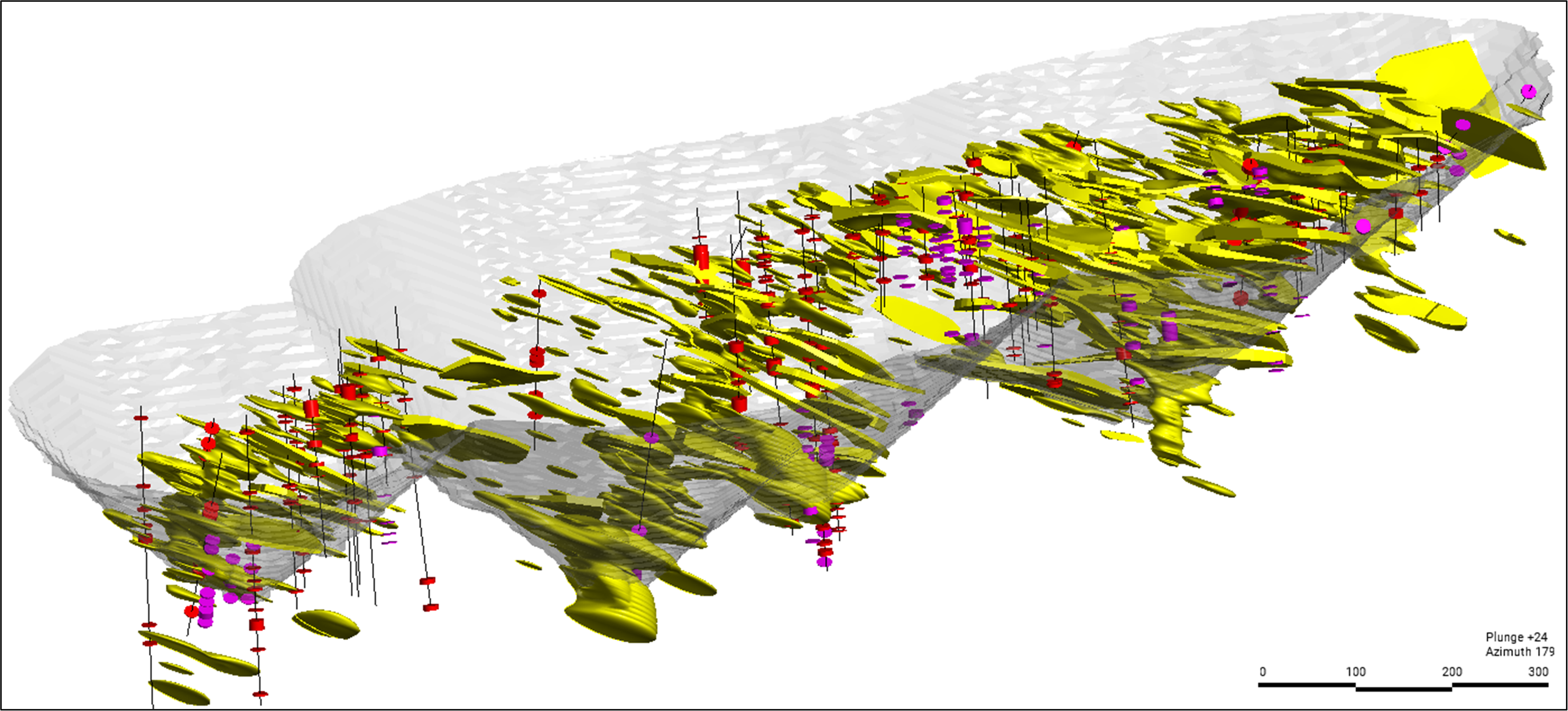 The Berry Deposit (View SW), with drill holes completed during 2022 after the cut-off for the 2022 MRE. “Significant” intercepts (averaging