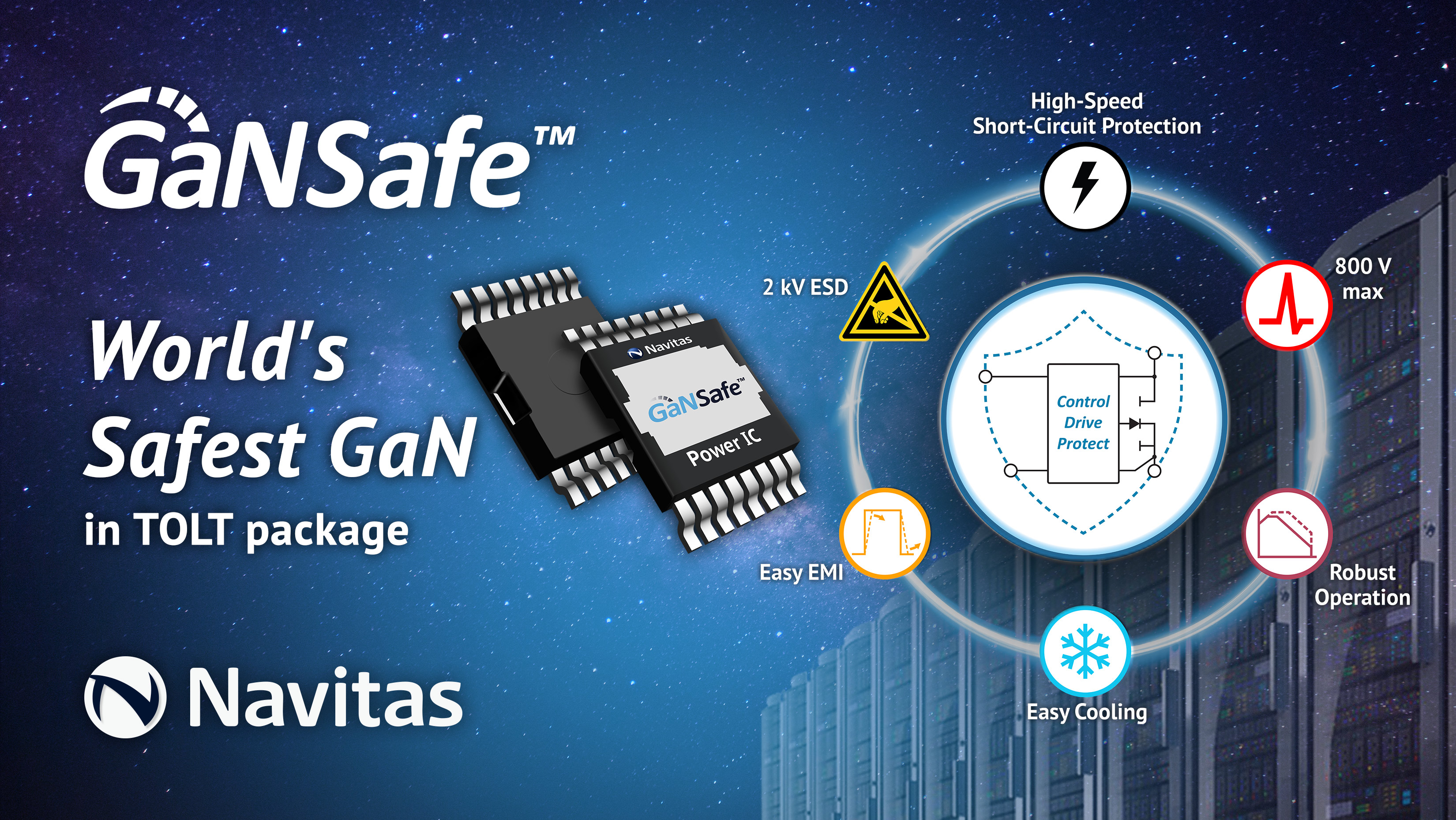 Rugged, cool, extended-power performance with world’s most protected GaN power semiconductor in thermally-enhanced TOLT package.