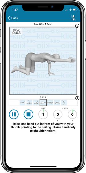 Kiio integrates advanced software and clinical practice guidelines to deliver on-demand, personalized exercise therapy and interactive coaching, including sending in-app alerts and 1:1 secure messaging and giving members access live Care Team support.