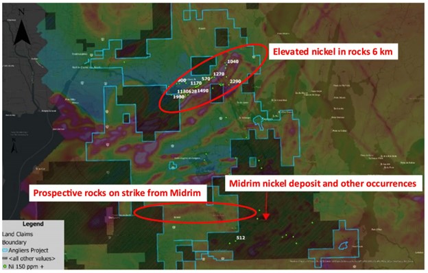 Claim map on airborne magnetic base map showing potential extension of Midrim nickel – copper deposit host stratigraphy onto Angliers project claims, and elevated nickel in rock samples in northern magnetic belt.