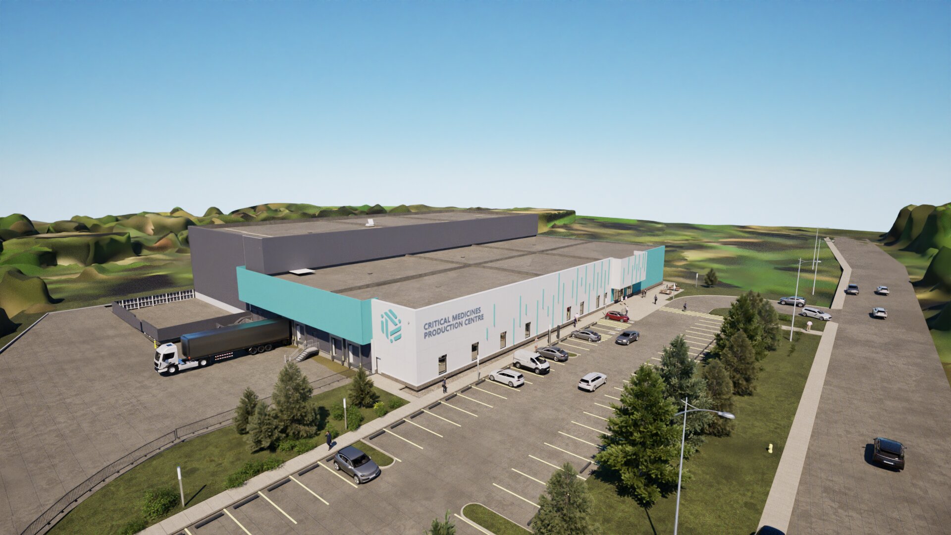 A design rendering of the Critical Medicines Production Centre (CMPC) in the Edmonoton Research Park. Renderings courtesty of START Architecture and CRB Consulting Engineers, Inc.