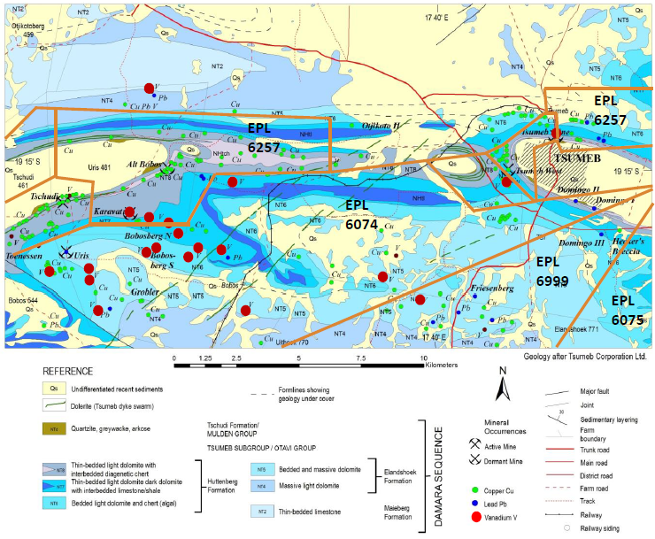Figure 2: Regional geology and copper vanadium occurrences of the Tsumeb Mine area