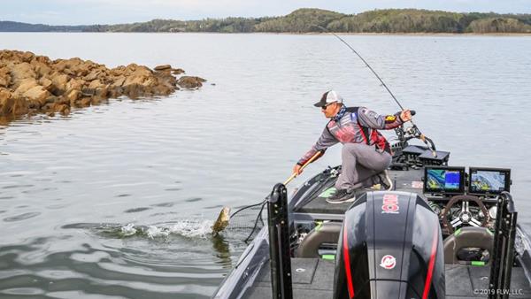 Pro Andrew Upshaw of Tulsa, Oklahoma, is still on top at the FLW Tour at the Cherokee Lake presented by Lowrance after catching five bass weighing 17 pounds, 14 ounces.