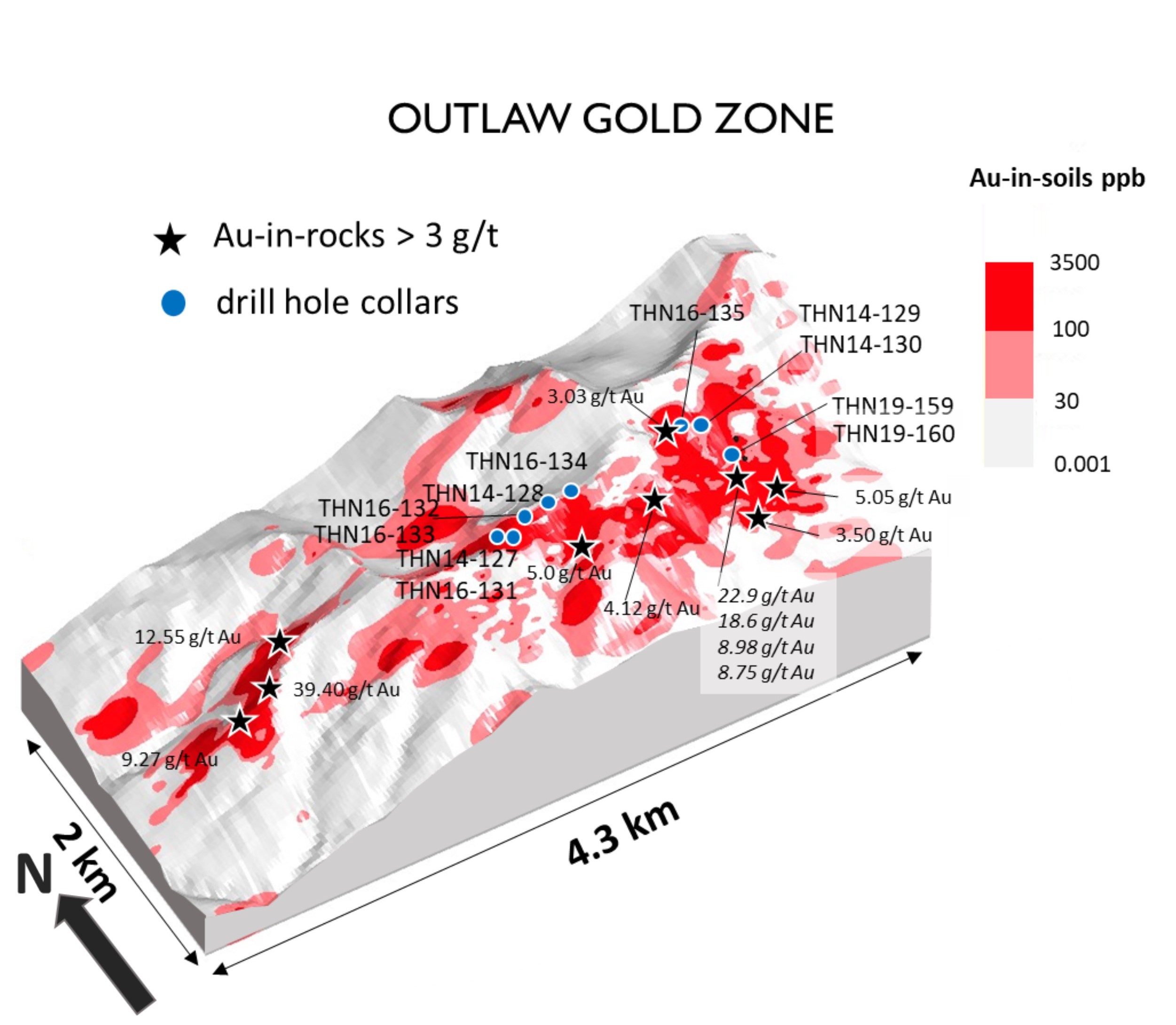 Figure 2. Outlaw Gold Soil-Rock Geochemistry and Drilling Map