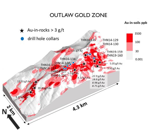 Figure 2. Outlaw Gold Soil-Rock Geochemistry and Drilling Map