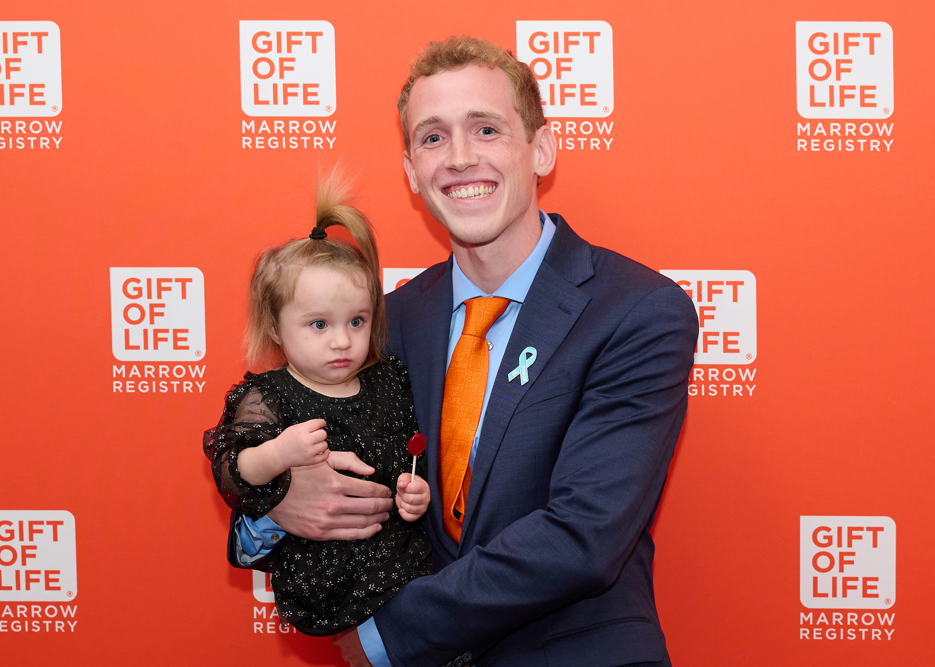 Lifesaving stem cell donor Jason Tornes met his transplant recipient 1 1/2 year-old Isla Kobernat at the Gift of Life One Huge Night LA Gala held at the Beverly Wilshire on September 16, 2024.