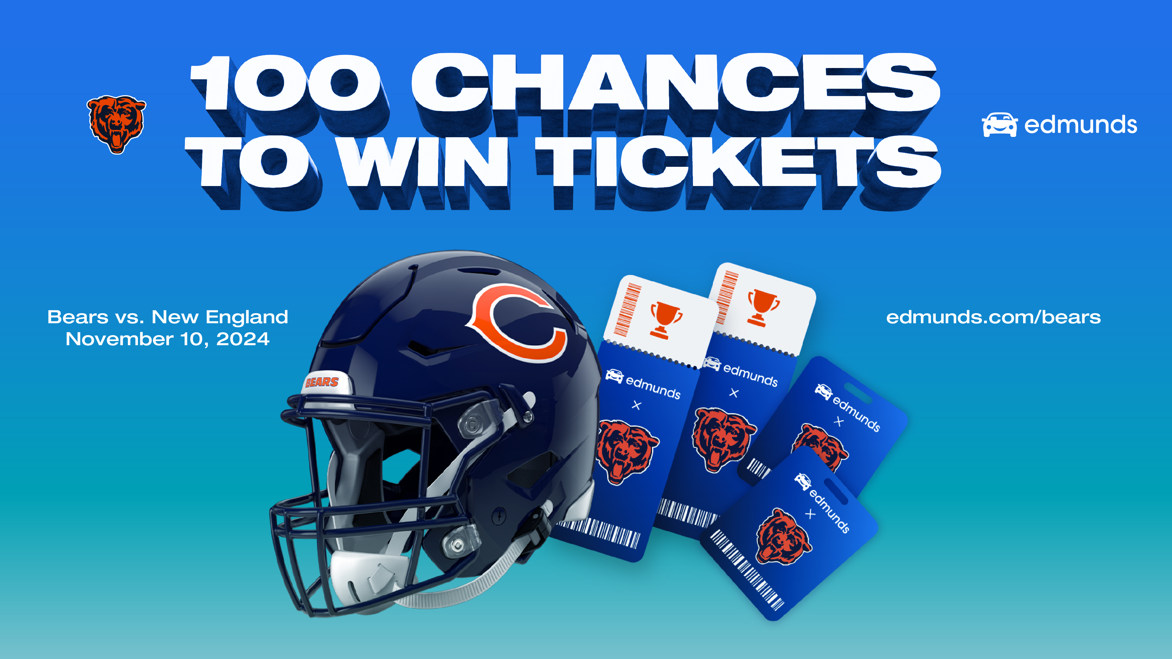 100 lucky Bears fans will win tickets and parking to the November 10 home game against New England, courtesy of Edmunds in new partnership with the Chicago Bears