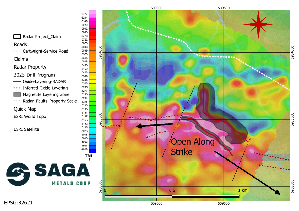 500m strike by 350m width magnetic anomaly drilled in winter 2025 program. (2024 SAGA Metals. TMI Magnetic Survey). 