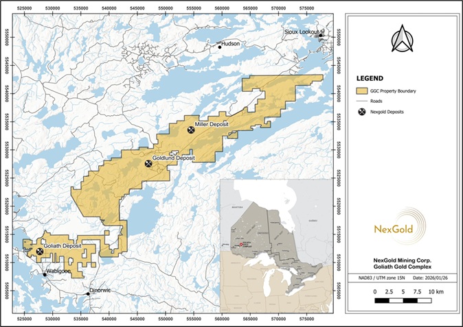 Map showing the Goliath Complex in northwestern Ontarioand the location of the Goldlund Deposit.