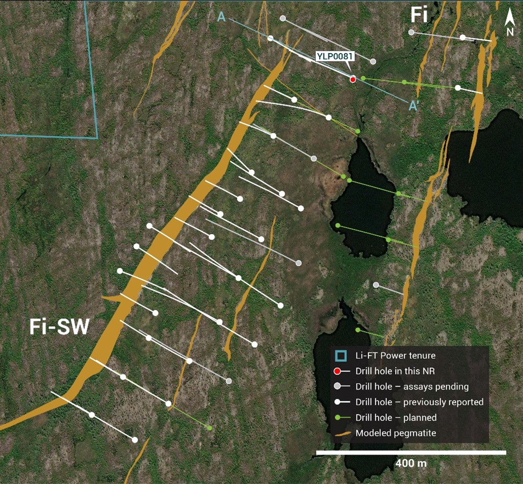 Plan view showing the surface expression of the Fi-SW pegmatite with diamond drill holes reported in this press release.