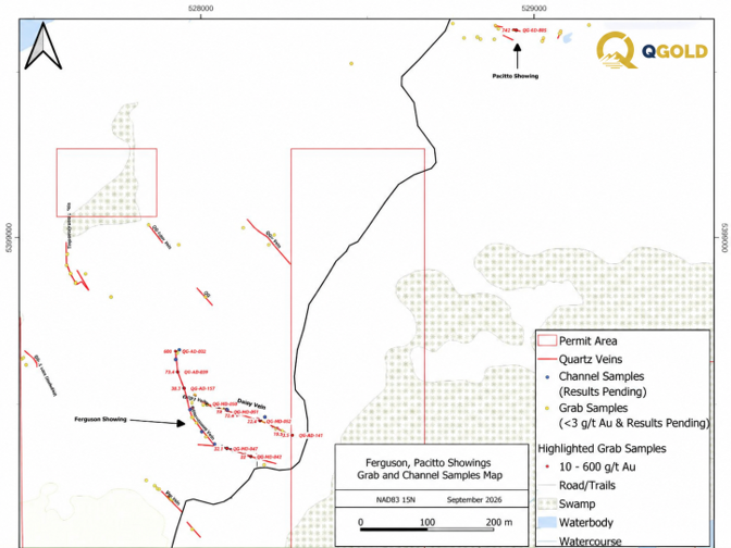 Ferguson and Pacitto Showings Grab and Channel Samples Map North of the Foley Mine. 
